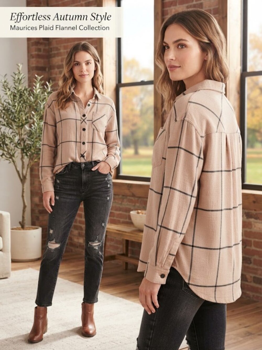 Maurices Beige Black Plaid Flannel Women's Long Sleeves Polo Shirt - Size Small